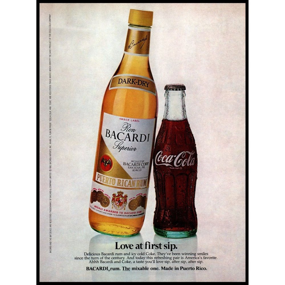 1982 Bacardi Rum Coca Cola Coke Bottle Vintage Print Ad Love at First Sip Photo